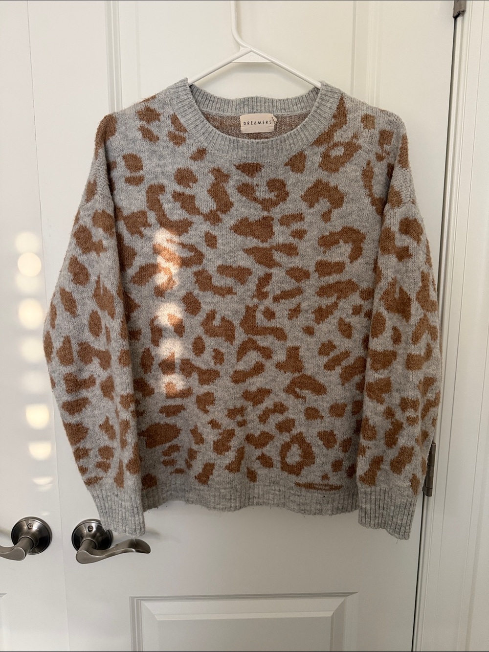 Dreamers Grey & Brown Leopard-Pattern Crewneck Sweater